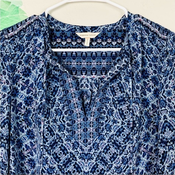 Rebecca Taylor Silk Blue Floral Tie-Neck Long Sleeve Boho Blouse Top - Picture 4 of 5